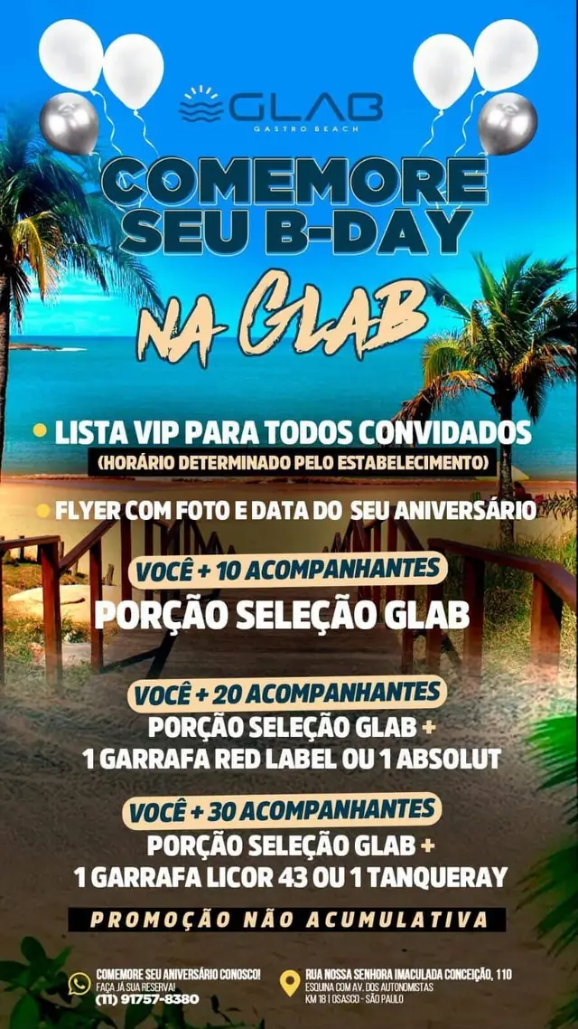 Flyer Comemore seu B-Day na Glab com as vantagens do aniversário